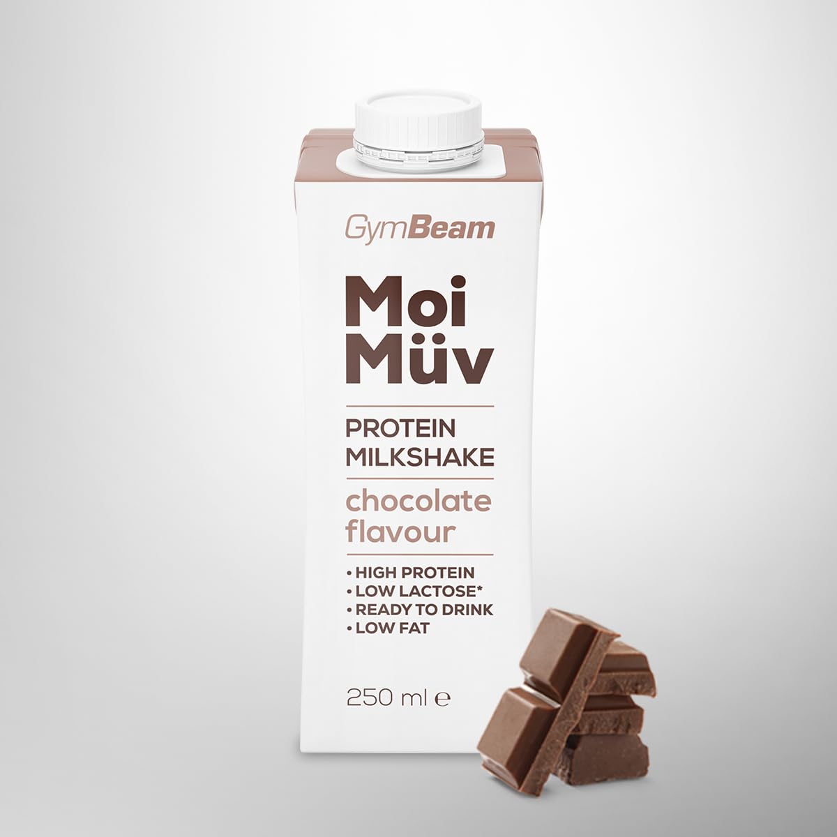 GymBeam Milkshake Proteico MoiMüv 18 x 250 ml, Bevanda Pronta da Bere con 25g di Proteine, A Basso Contenuto di Grassi e Lattosio, Senza Dolcificanti Artificiali e Glutine (Chocolate)