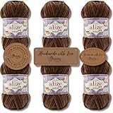 Hobby YARN 3x Etikettenlabel mit Alize Velluto Wolle Premium 6x100g als Set, Dicke Wolle zum Häkeln (Teddy Brown - 493)