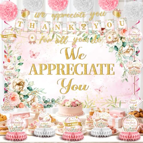 Image of Pink Floral We Appreciate You Party Decorations for Employee Teacher Decor | Thank You for All You Do Banner Honeycomb Centerpieces Hanging Swirl for Office Employee Pastor Appreciation Party Gift Decor