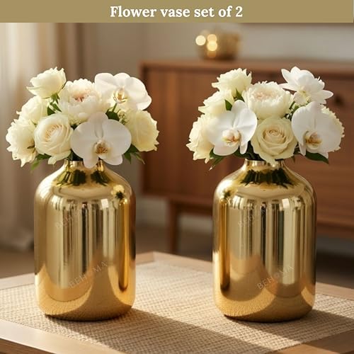 Image of Behoma Metal Flower Vase Set of 2 pcs for Home Decor Bedroom Living Room Office Wedding | Table Decorative Item for Festivals Birthday Gold (Flower Not Included, Modern)