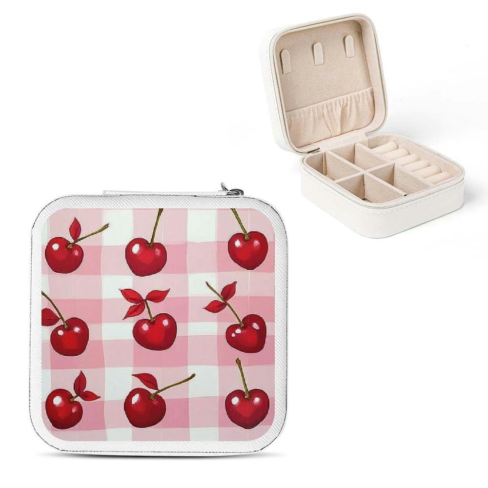 KANXLAN Cherries Checkered Pattern Red Jewelry Box for Necklace, Ring, Earring - Portable & Compact White
