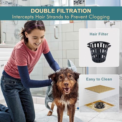 Image of Shower Drain 4-1 /4 Inch, Square Shower Floor Drain Kit with ABS Flange