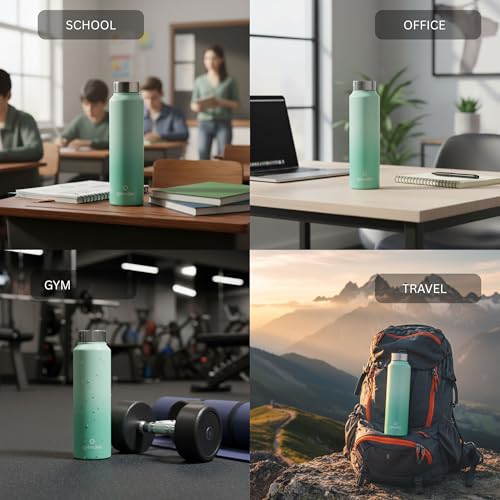 Image of Speedex Stainless Steel Water Bottle 1 Ltr, Leak Proof Screw Cap, BIS Approved 1000 ml Metal Bottle For Daily, Office, School, Gym, Travel Use for Men, Women, Kids, Adults, Dual Green, Set of 4
