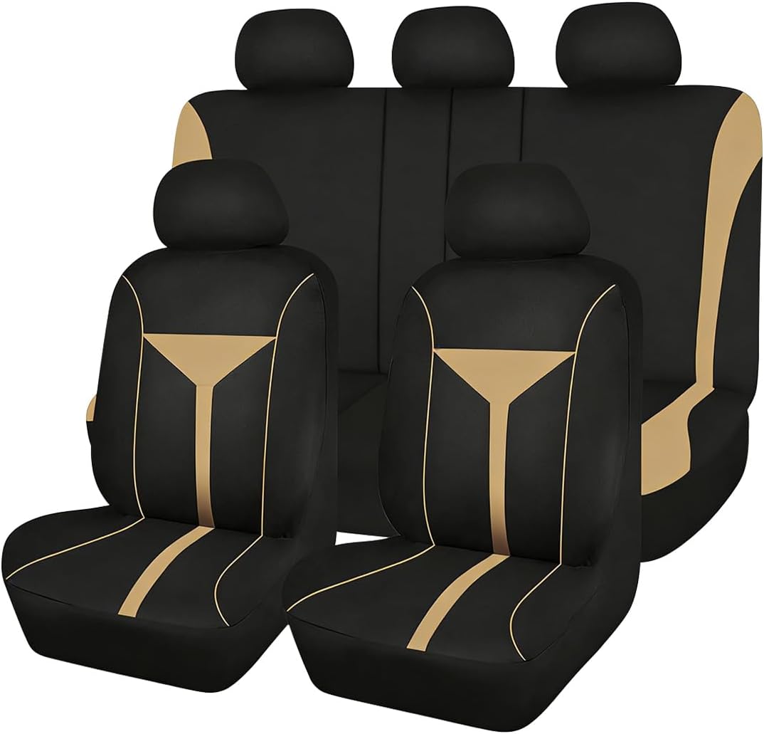 Osilly Car Seat Cover Full Set, Soft Breathable Sporty Vehicle Interior Seat Protector, Comfortable Automotive Front and Rear Split Bench Cover, Universal Fit (Beige/Black)
