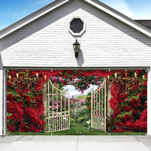 Red Rose Garden Garage Door Cover Banner Decorations Backdrop 7x16ft Large Spring Garden Fence Red Rose Green Leaves Garage Door Cover Outdoor Birthday Party Wedding Baby Shower Garage Door Decor