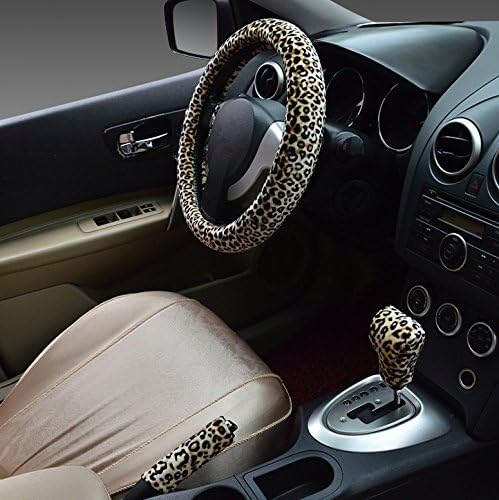 Hivel Winter Leopard Furry Plush Car Steering Wheel Cover Set with Handbrake Cover and Gear Shift Knob Cover Soft Warm Super Feeling Anti Slip Vehicle Auto Steering Wheel Cover 38cm - Brown