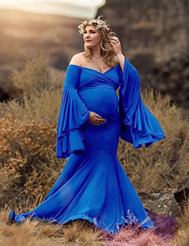 ZIUMUDY Photography Dress Off Shoulder Flared Sleeve Fitted Gown for Photo Shoot Baby Shower Big Mermaid Train2