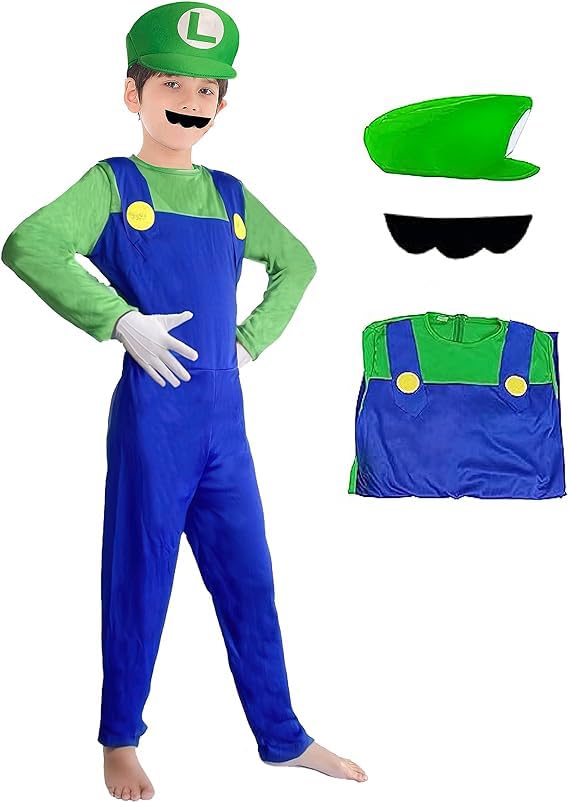 GGEROU Super Brothers Cosplay Costume for Kids，Halloween Costume Super Brothers Cosplay Jumpsuit Plumber Outfit with Hat Mustache Accessory Halloween Cosplay Costume