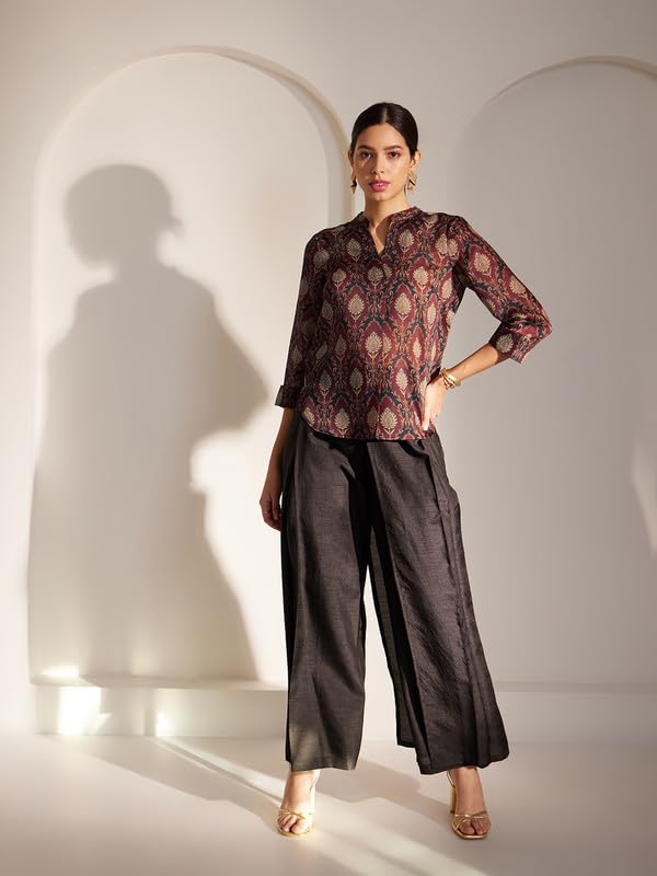 Image of FableStreet Chanderi Indian Motifs Pleated Top - Maroon