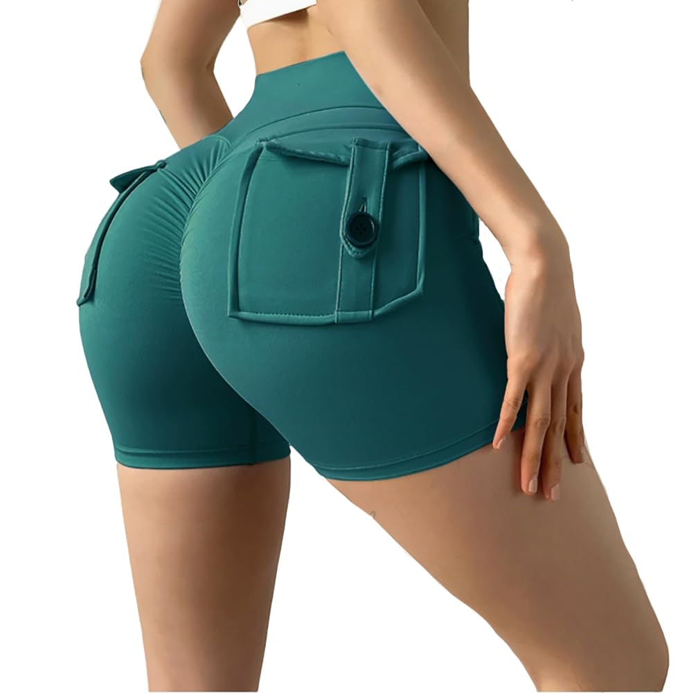 EnShine Tela Womens High Waisted Tummy Control Workout Shorts Pants,Yoga Athletic Gym Butt Lifting Shorts for Women. Lake Green