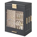 SONGMICS Jewelry Box with Glass Window, 5-Layer Jewelry Organizer with 3 Side Drawers, Jewelry Storage, with Big Mirror, 6.1 x 10.3 x 12.6 Inches, Christmas Gifts, Slate Gray and Metallic Gold