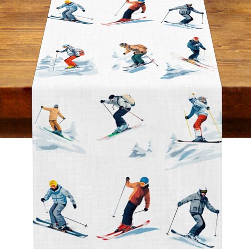 Heyfary Skiing Skier Table Runner Winter Snow Ski Party Decoration Sports Christmas Seasonal Home Kitchen Dining Room Table Decor
