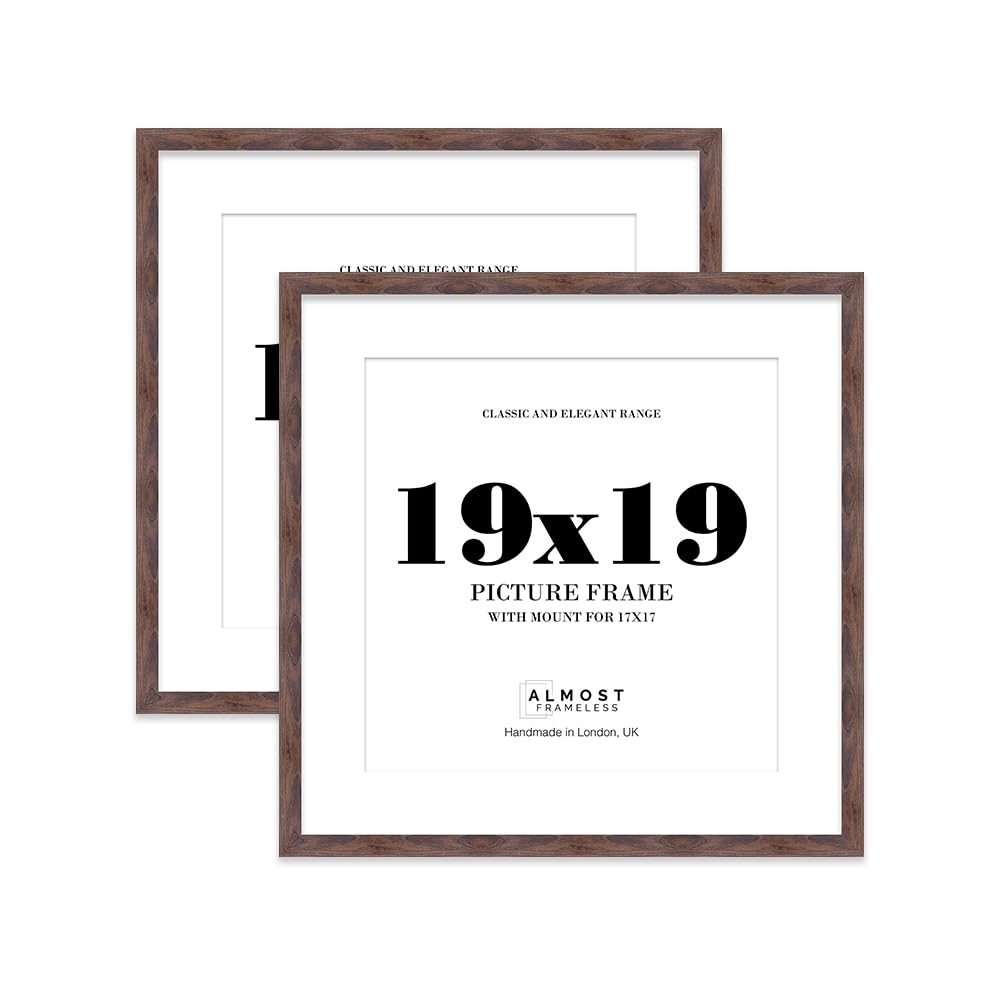 19x19 Walnut Picture Frame with Mount for 17x17 Photos, Prints - Modern Square Wall Frame, Set of 2