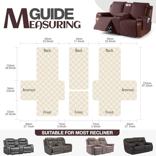Image of KinCam 100% Waterproof Recliner Loveseat Cover with Console, Non-Slip Reclining Couch Covers for 2 Seat, Recliner Sofa Cover Furniture Protector with Elastic Straps for Kids, Pets, Coffee