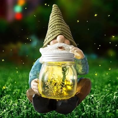 Vcdsoy Solar Firefly Jar Gnome Waterproof - Large Garden Gnome Funny Solar Outdoor LED Lights Resin Statues 10.6" Lantern Figurines Decorations Birthday Housewarming Gifts for Mom Women