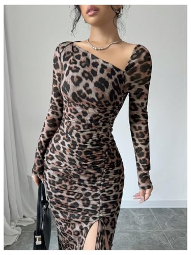 GORGLITTER Women's Maxi Leopard Spring Wedding Guest Dress Drawstring Ruched Asymmetrical Neck Split Dresses3