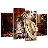 Kreative Arts - 4 Pieces Canvas Prints Wall Art American West Rodeo Cowboy White Straw Hat on Leather Rancher Roper Boots Vintage Style Stretched Gallery Canvas Wrap Giclee Print Ready to Hang