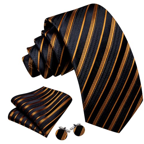 Image of Barry.Wang Tie Sets for Men Silk Stripe Necktie Woven Checkered Handkerchief Cufflinks Formal Business Wedding