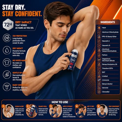 Image of Nivea Men Dry Impact 72H Anti-Perspirant Roll-On 50ml | Powerful Sweat Control & Odor Defense | Fresh Masculine Fragrance Daily Deodorant for Men
