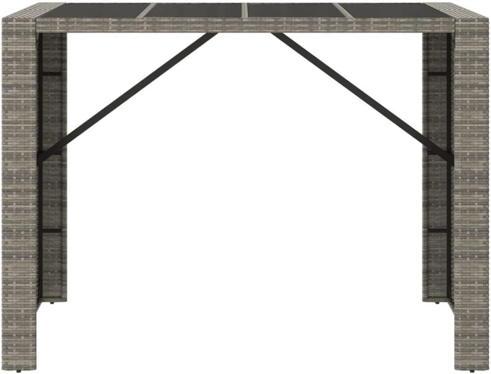 vidaXL Modern Patio Bar Table - Weather- Gray Poly Rattan with Glass Top - Perfect for Garden, Outdoors, Poolside, 57.1"x31.5"x43.3"