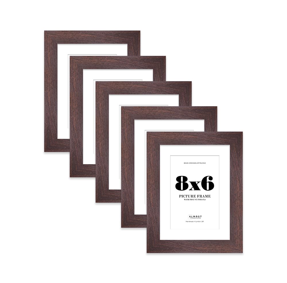 8x6" Walnut Frame With Mount for 6x4" Pictures 28mm Edge Portrait and Landscape Display with Wall Hooks and Kickstand, 5 Pack