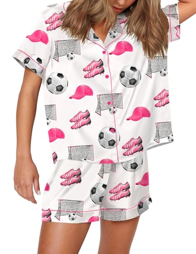 Image of SHESHOW Pajamas for Women Set Satin Button Down Short Sleeve Top and Shorts Pjs Sets Sport Ball Print Sleepwear XS-XXL