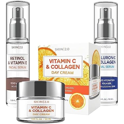 Skin 2.0 Facial Moisturier and Serum Value Set - Retinol and Vitamin E, Hyaluronic Acid and Collagen, Vitamin C and Collagen Cover