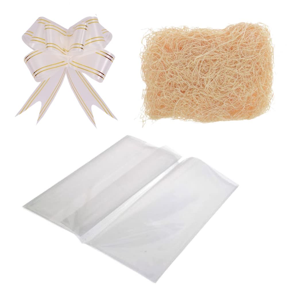 H-LINE Clear Cellophane Gift Wrap Bag & Pull Bow & Woodshred for Christmas Make Your Own Hamper Basket Kit (1 x Kit)