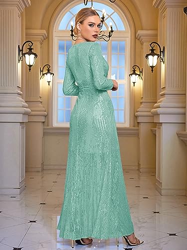 Image of Long Sleeve Sequin Dress For Women Formal Gowns Sparkly V Neck Maxi Dress