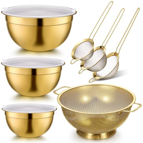 Baderke 7-teiliges goldenes Küchenzubehör beinhaltet Edelstahlsieb mit Griffen, 3 goldene Rührschüsseln mit luftdichten Deckeln und 3 feinmaschigen Sieben (Sieb: 5 Qt, Rührschüsseln: 1,5/2/3 Qt)