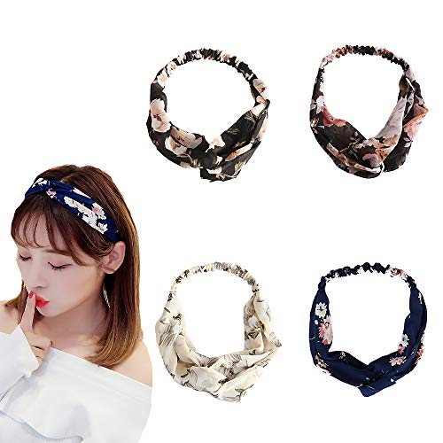 4 Pack,Cute Headbands for Women,Girls Knotted Headband,Workout Nylon Hair Bands,SPA Head Wraps,BOHO Floral Cloth Bandana Headwraps,Wash Face,Makeup,Yoga,Sports Non Slip (Floral Black,Navy,Beige)