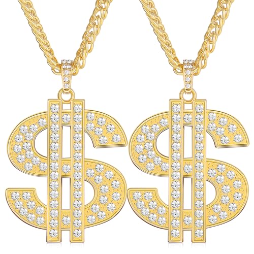 Romass 2 Pcs Dollar Necklace for Men,Gold/Silver Plated Chain for Men with Dollar Sign Pendant Necklaces, 80/90s Hip Hop Dollar Necklace Halloween Gifts