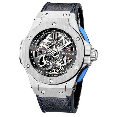 Image of FEICE Skeleton Automatic Watch Men Analog with Stainless Steel Sapphire Mirror Black Silicone Strap FM701, Silver, Modern