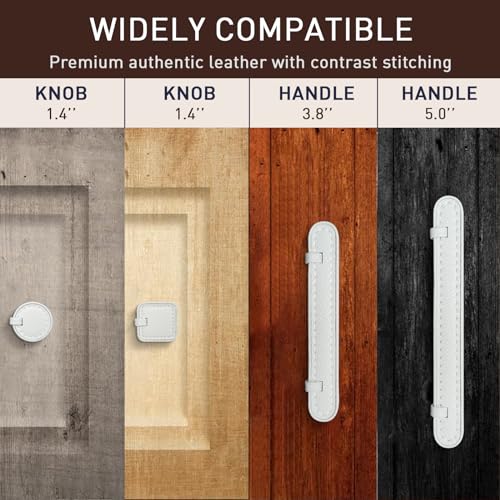 Image of 2 Pack Leather Cabinet Knobs Hand-Stitch White Round Drawer Pulls for Cabinets Cupboard Dressers Drawers Bedroom Brown Leather Cabinet Pulls