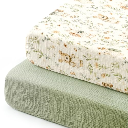Image of GRSSDER 100% Cotton Muslin Crib Sheet 2 Pack - Breathable & Ultra-Soft Fitted Crib Sheets for Standard Baby & Toddler Mattresses, 52 inchx28 inch with 9 inch Deep Pocket, Snug Fit All-Around Elastic