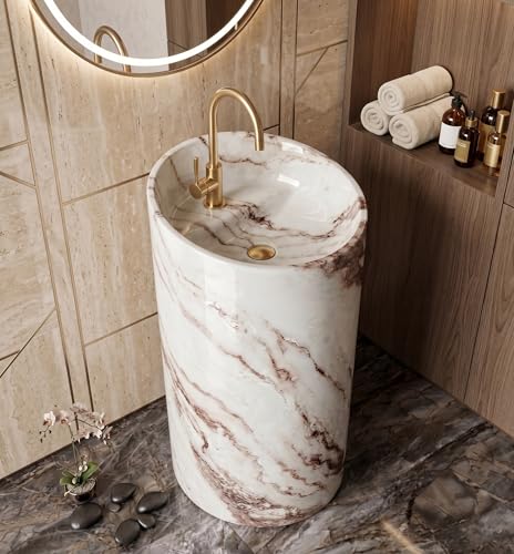 Image of BASSINO 15x15x33 Inch Pedestal Wash Basin /Free Standing Wash Basin /7 Years Warranty /Round Ceramic One Piece Pedestal Sink for Bathroom /Living Room /Floor Mounted Washbasin(White-Gold Mix Marble)