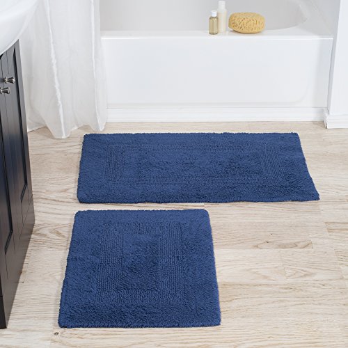 Cotton Bath Mat Set- 2 Piece 100 Percent Cotton Mats- Reversible, Soft, Absorbent