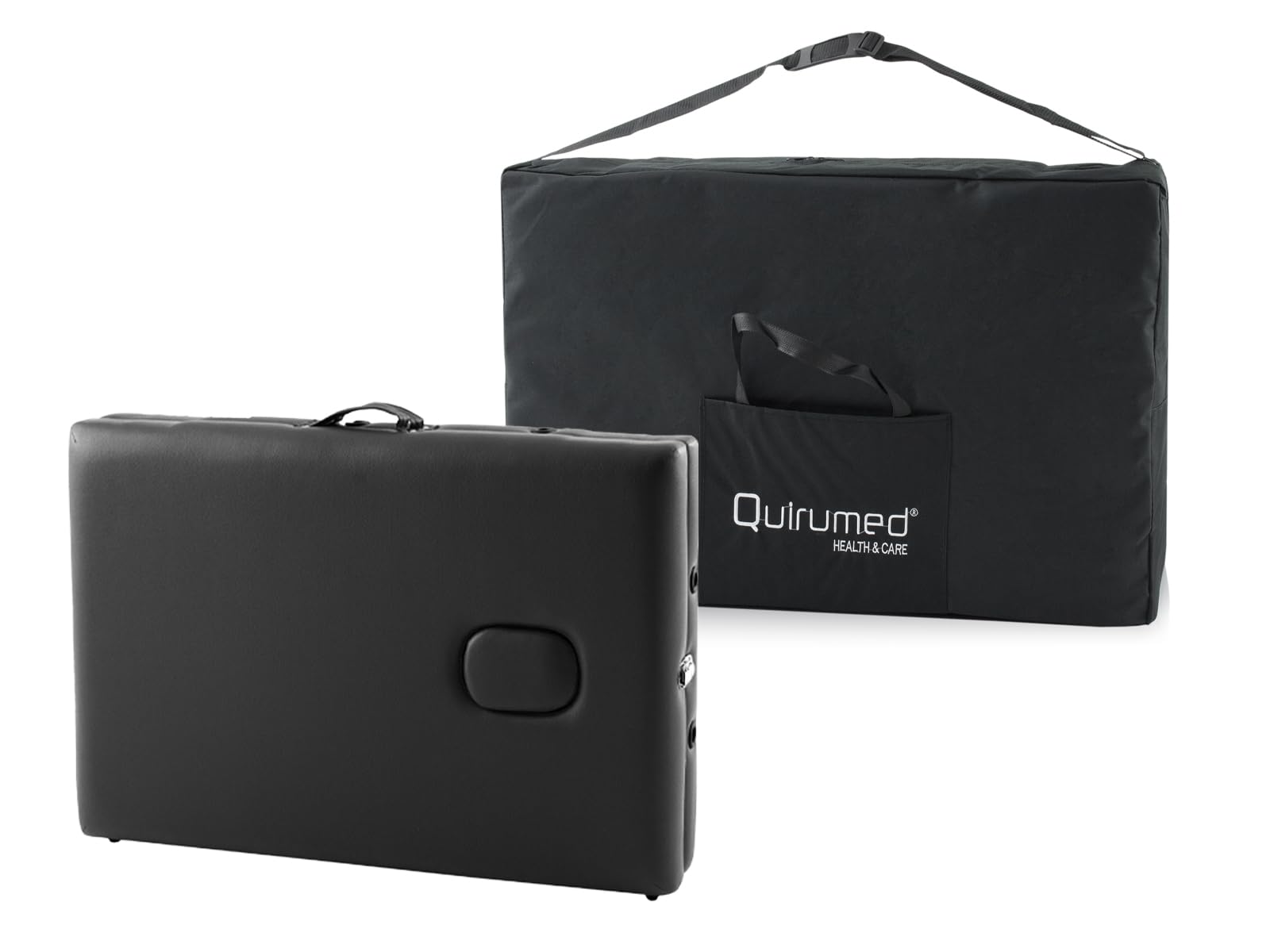 QUIRUMED Camilla de Masaje Plegable de Aluminio Easy, Color Negro, 180 x 60 cm, Polipiel, Portátil, Ligera Cabezal extraíble, Orificio Facial, Altura Regulable, hasta 120 kg