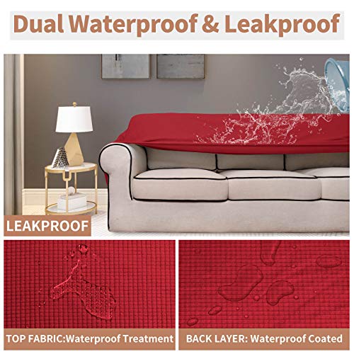 Image of Easy-Going 100% Waterproof Couch Cover, 3 Cushion Couch Slipcover for Sofa | Leakproof Sofa Cover, Stretch Jacquard Furniture Protector Against Stain Spill from Kids, Pets, Dog (Sofa, Christmas Red)