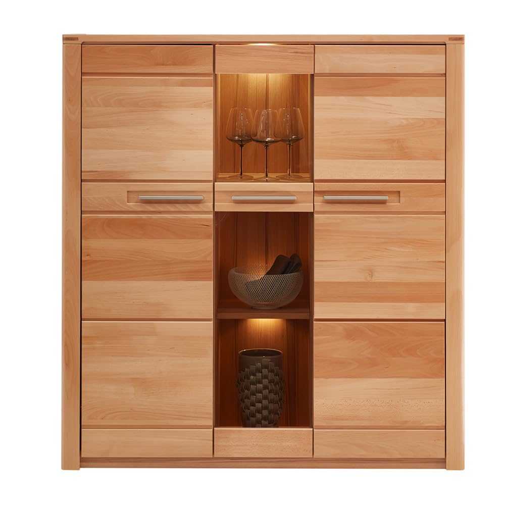 Lomadox Wohnzimmer Esszimmer Highboard Anrichte Kommode inkl. Beleuchtung, Front Kernbuche massiv