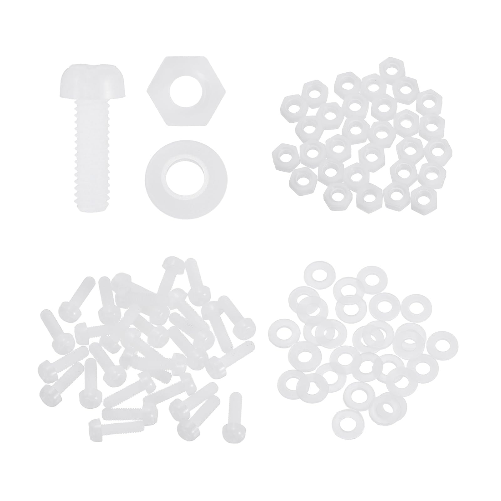 sourcing map 30 Set M2x8mm Nylon PA66 Plastic Cross Round Head Screw Phillips Bolts Hex Nuts Flat Washers Assortment Kit, Metric Full Thread Bolt Fasteners for DIY Machine Assembly, White