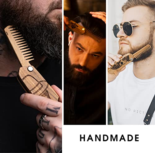 Wooden Beard Comb For Men Folding Pocket Comb For Moustache Beard & Hair Walnut Combs With The Engraving (Half Skull) #TOP3