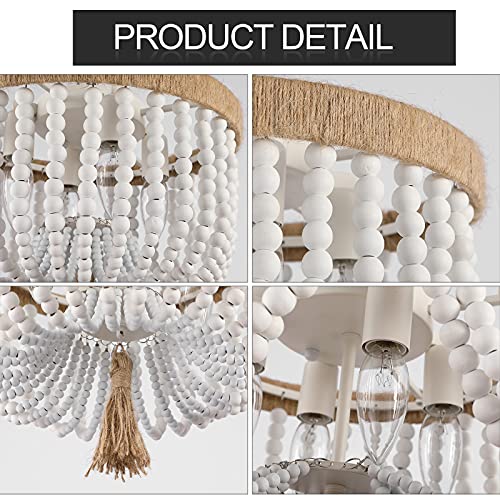 Kaerdi Beaded Light Fixture Flush Mount Ceiling Light White Bohemia Antique Farmhouse Wood Boho Chandelier For Kitchen Island Bedroom Dining Room Entryway Hallway，4-Light #TOP1