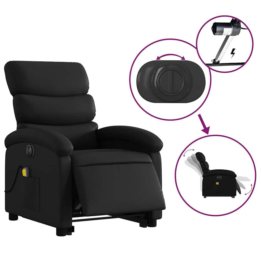 Sillón elevador eléctrico reclinable de piel sintética negra con 6 puntos de vibración y función de elevación automática para masaje y relajación