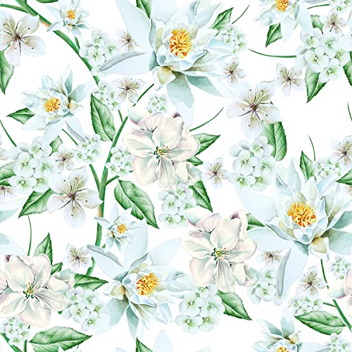 Papier Peint Fleur Blanc Papier Peint Adhesif Mural Papier Adhesif pour Meuble Cuisine Vert/Blanc Fleuri Film Rouleau Adhesif Decoratif Decoration Cuisine Salon 44,5 X 300cm Autocollant Meuble Vinyle
