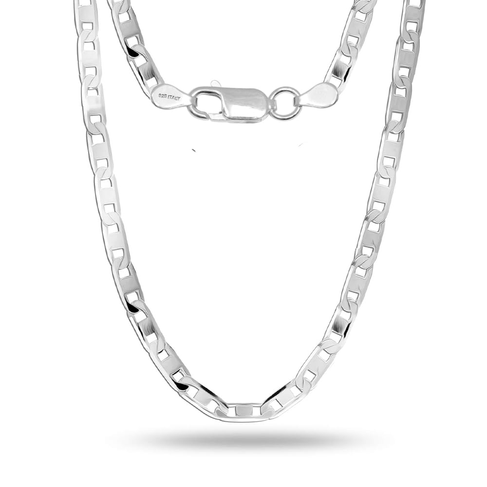 925 Sterling Silver BIS Hallmarked Italian 3 MM Diamond-Cut Solid Flat Mariner Link Chain Necklace for Men Women and Girls (16, 18, 20, 22, 24 Inches)