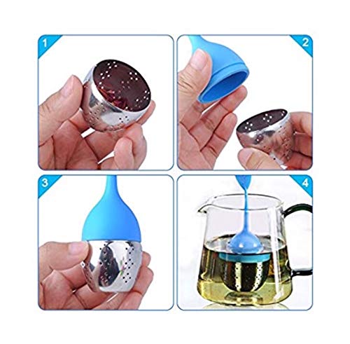 Tea Infuser, Ououdee 4-Pack Silicone Tea Infuser Handle Stainless Steel Strainer filter Infuser with Drip Tray for Loose Leaf Grain Tea Cups, Mugs, and Teapots