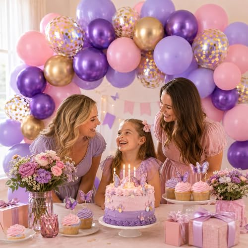Image of Pink and Purple Balloons, 60PCS Pastel Purple and Pink Balloons, 12 Inch Metallic Gold Confetti Latex Balloon for Women Girls Baby Shower Bridal Shower Birthday Butterfly Party Decor