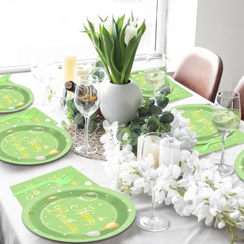 Image of Qyeahkj 100 Pcs Sage Green Birthday Party Supplies Olive Green Gold Paper Plates Napkins Forks Tableware Set Disposable Greenery Happy Birthday Party Decorations for Women Men Girls Favors Serve 25