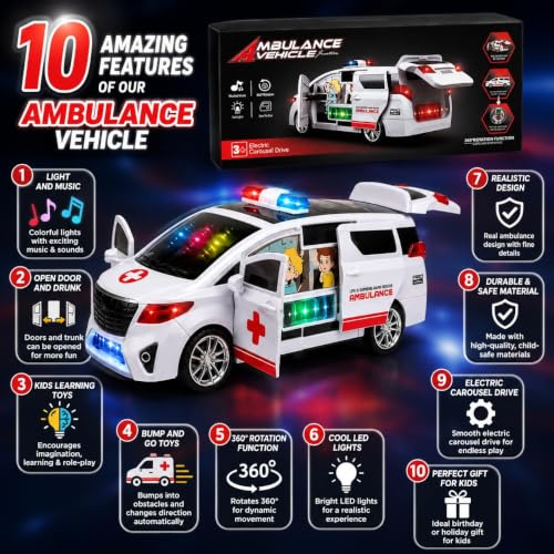 Image of TEC TAVAKKAL Bump & Go Toy Car with Lights & Music, Opening Front Doors, Sliding Side Door &Rear Trunk,360 Rotating Electric Rescue Vehicle, Educational Toy Gift for Kids (Ambulance Car Toy)